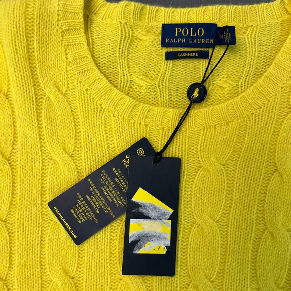 Polo Ralph Lauren Cable Knit 100% Cashmere Sweater Yellow Crew Neck Size Medium - Picture 3 of 8